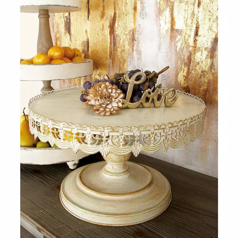 LITTON LANE 16 in. Round Whitewashed and Rust Brown Iron Cake Stand with Floral Bunting Overhang