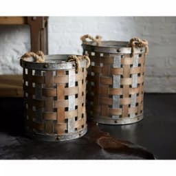 Unbranded Rustic Woven Wood and Galvanized Metal Decorative Baskets, Set of 2 thumbnail 1
