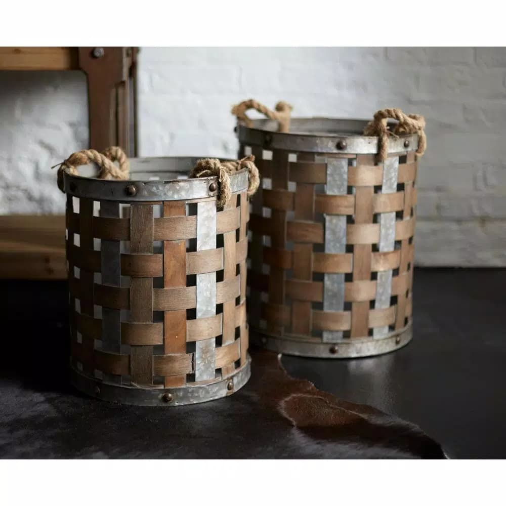 Unbranded Rustic Woven Wood and Galvanized Metal Decorative Baskets, Set of 2