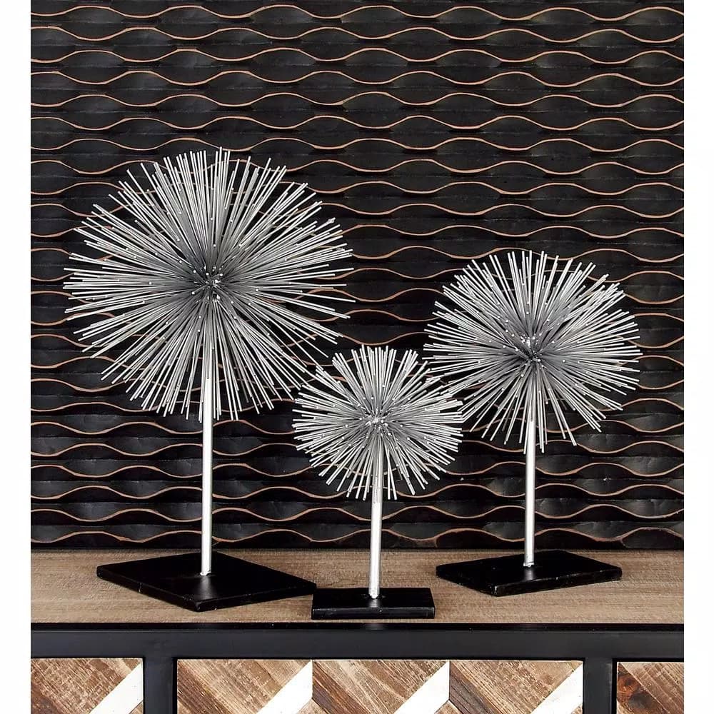LITTON LANE Set of 3 Metal Starburst Sculptures with Stand - Silver and Black Iron Wire Decor