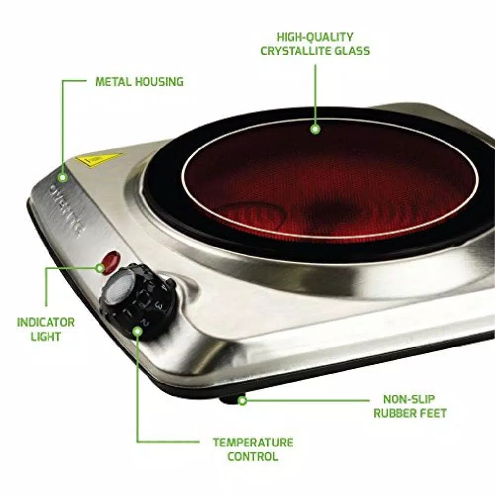 Ovente 1000W Single Hot Plate Electric Infrared Glass Cooktop Burner, 7 in., Silver