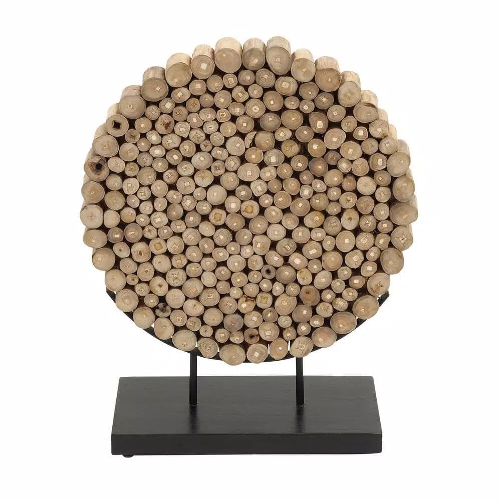 LITTON LANE Round Teak Wood Stump Sculpture - Rustic Organic Table Decor