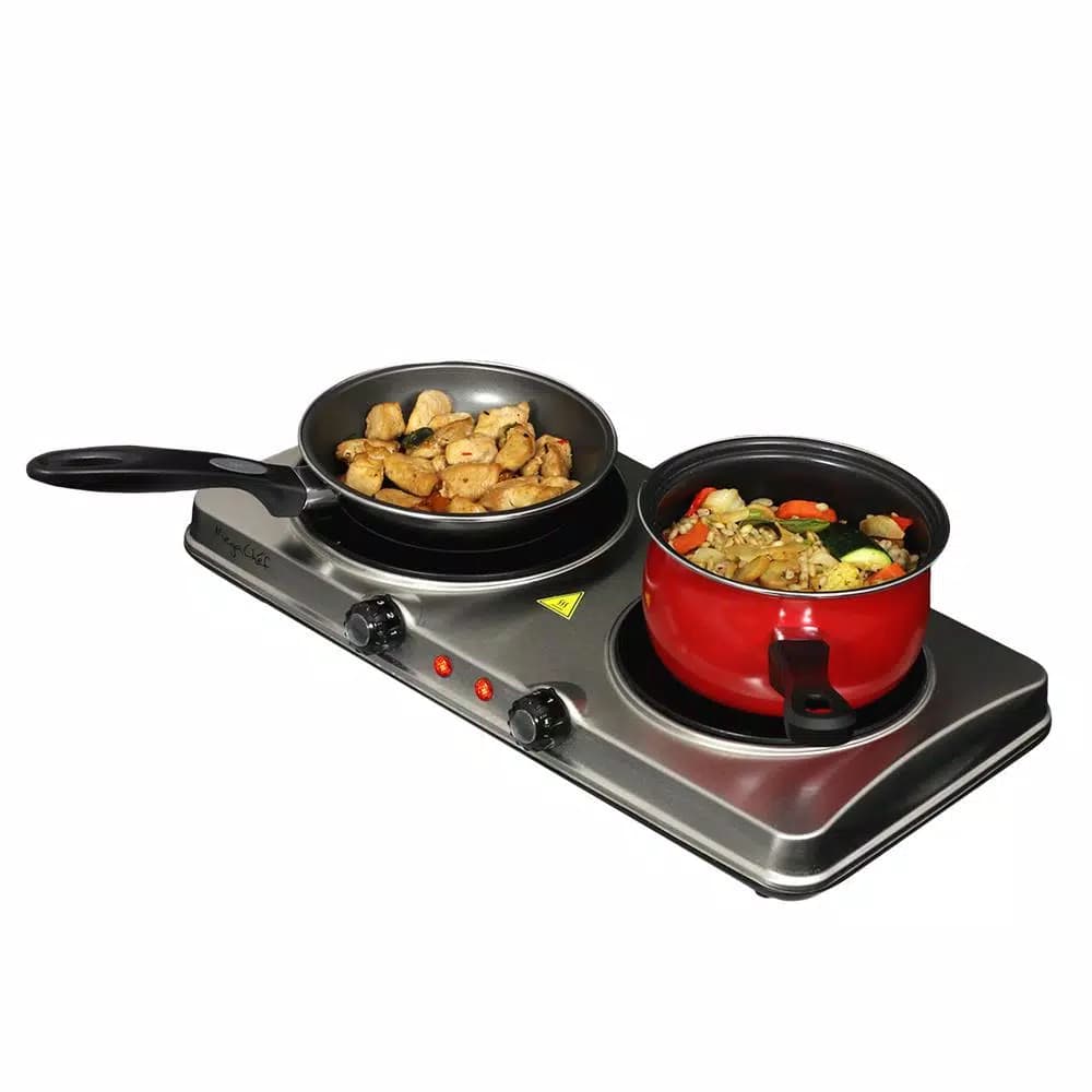 MegaChef 2-Burner Infrared Electric Hot Plate Cooktop, 1700W, Sleek Steel