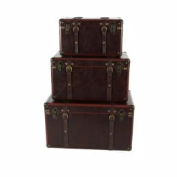 LITTON LANE Globetrotter Wood and Matte Brown Leather Decorative Trunk Set of 3 thumbnail 1