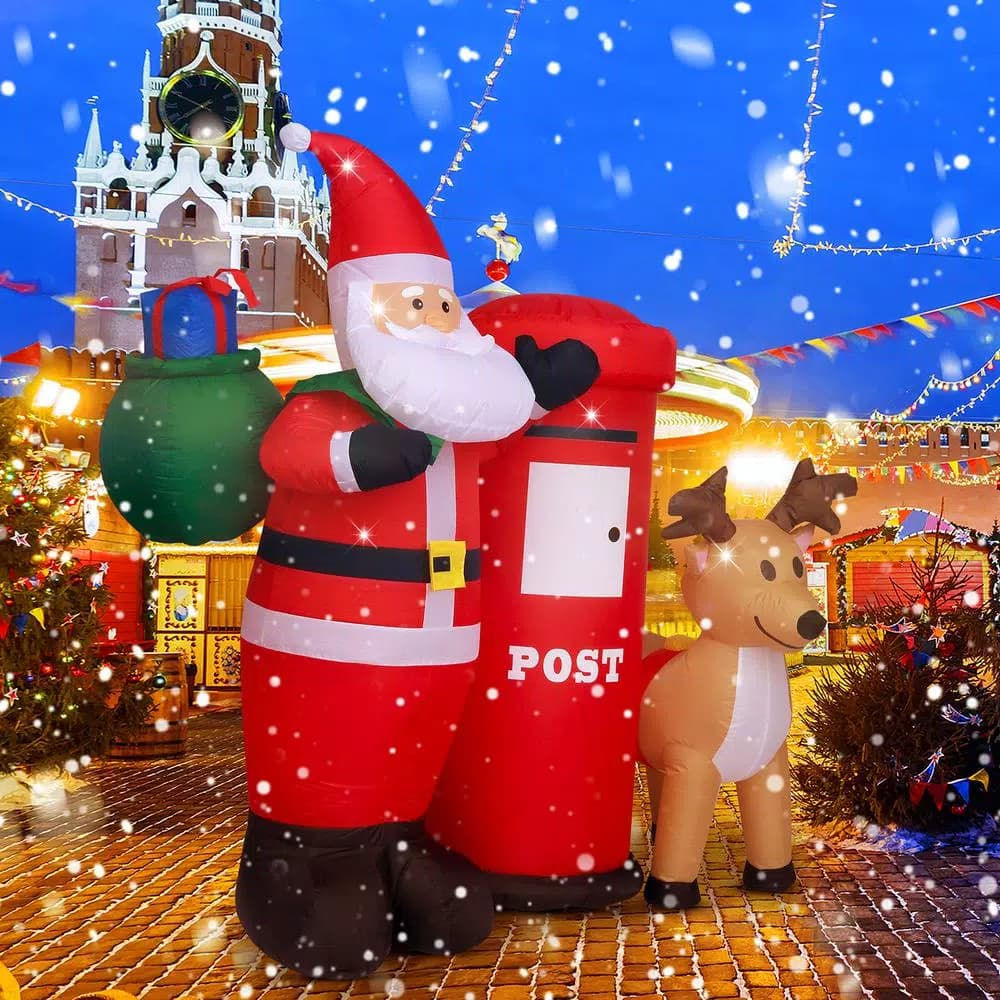 JOYDECOR 6 ft. Santa Claus with Postbox and Reindeer Christmas Inflatable with LED Lights