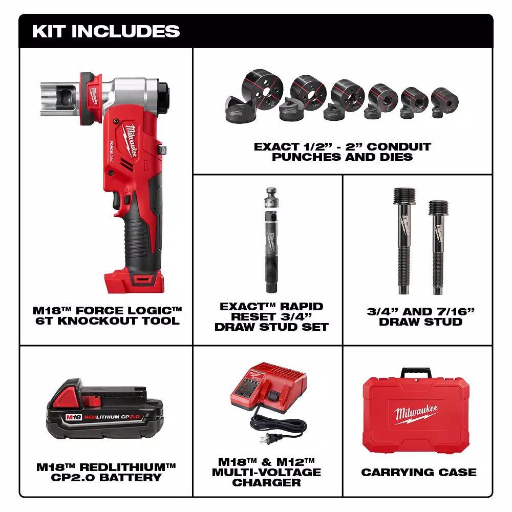 Milwaukee M18 FORCE LOGIC 6 Ton Cordless Knockout Tool Kit with 2.0 Ah Battery and Die Set