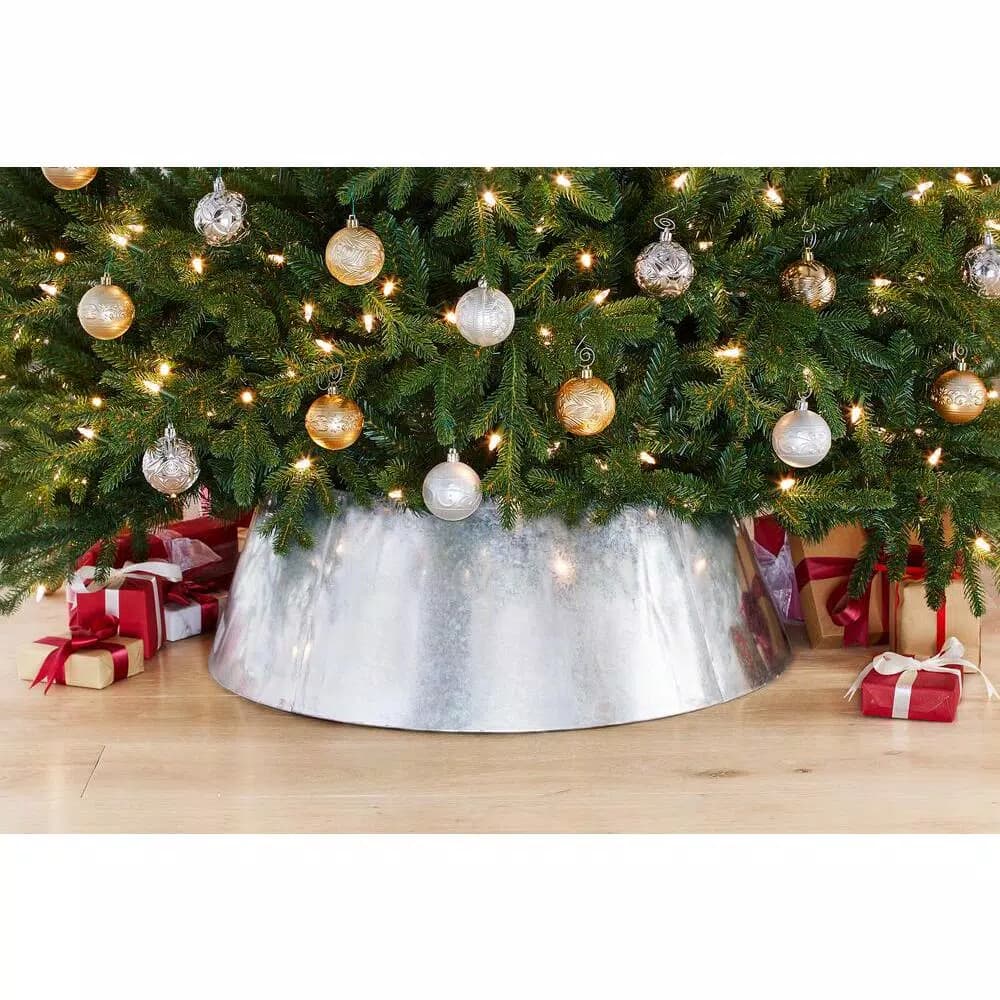 Home Accents Holiday 27 in. Galvanized Steel Christmas Tree Collar, Silver Metal Tree Stand Cover