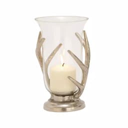 LITTON LANE 10 in. Aluminum Antler and Frosted Glass Hurricane Candle Holder, Silver thumbnail 2
