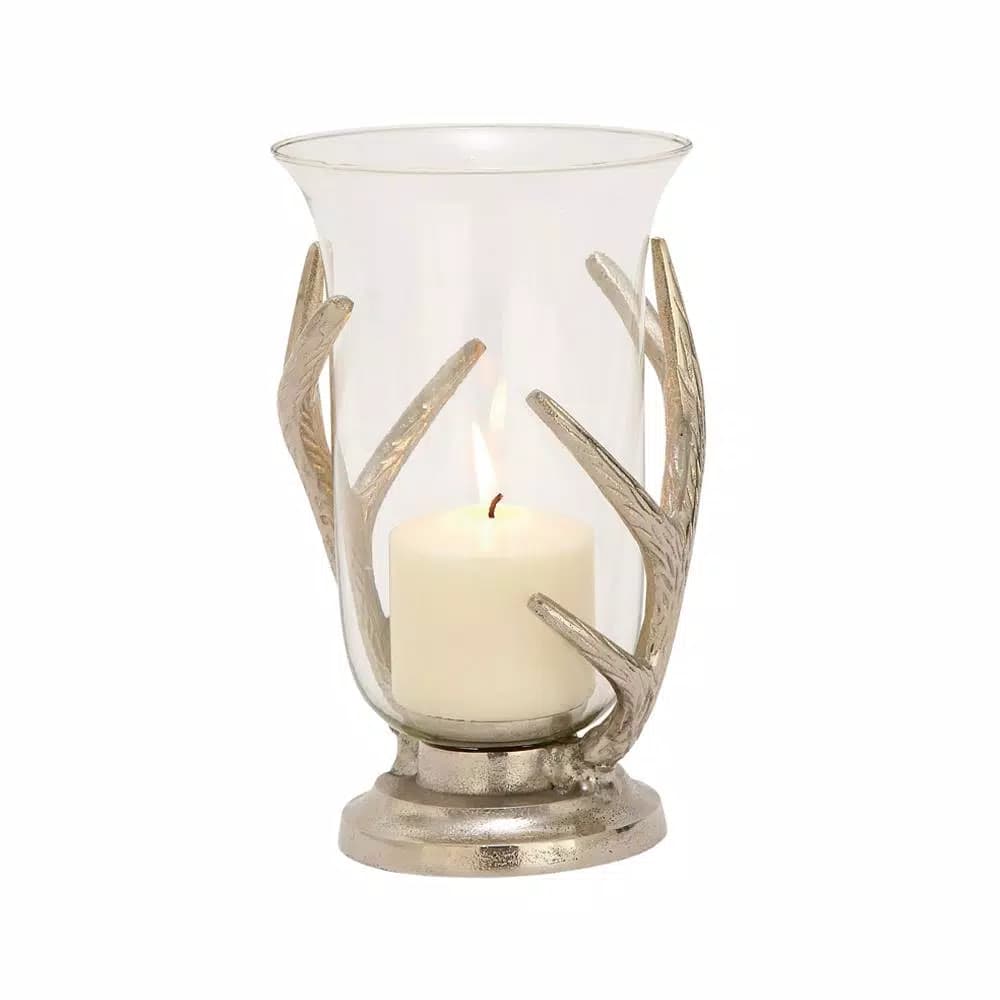 LITTON LANE 10 in. Aluminum Antler and Frosted Glass Hurricane Candle Holder, Silver