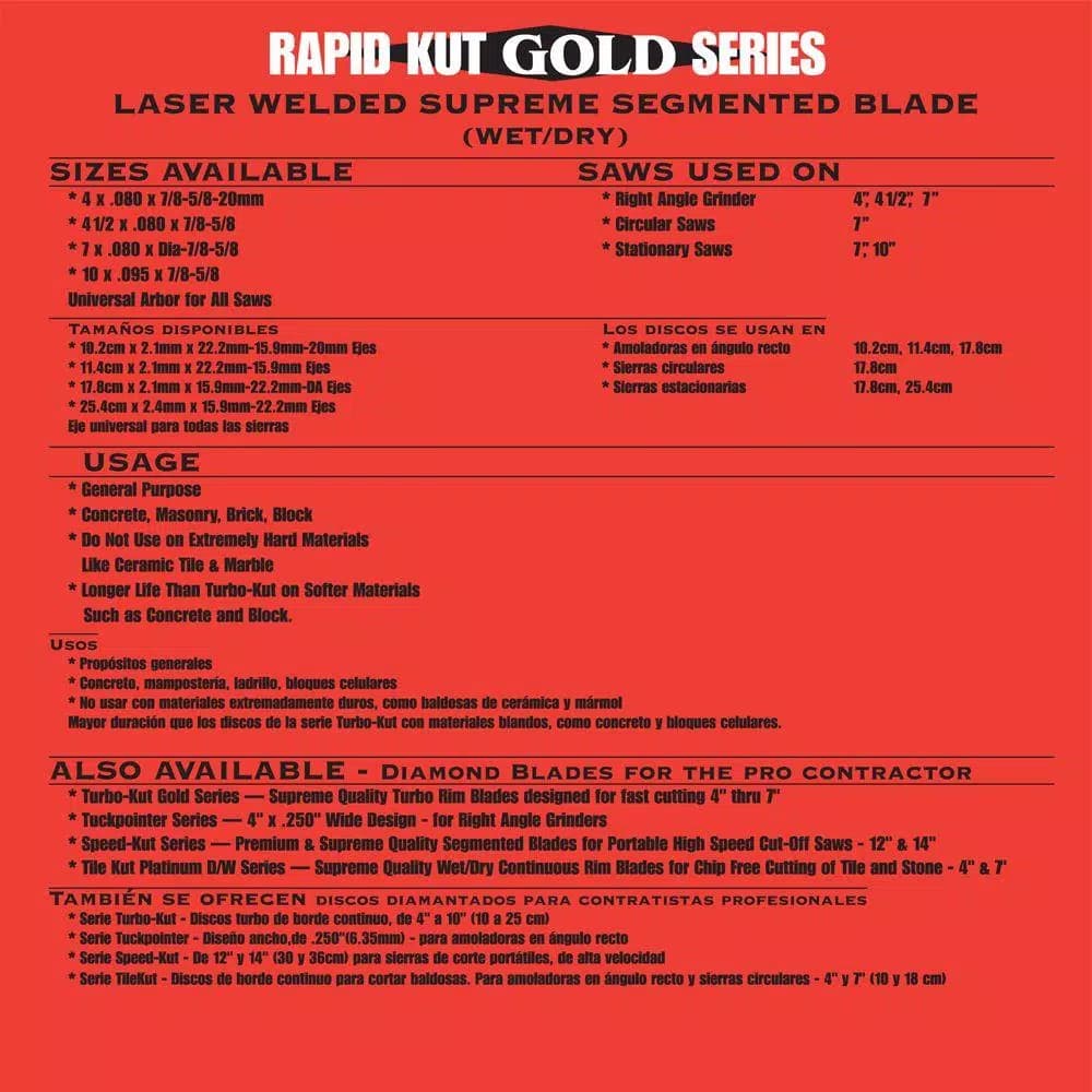 Quasar Rapid Kut Gold 4-1/2 in. Segmented Diamond Blade for Concrete, Brick, and Block