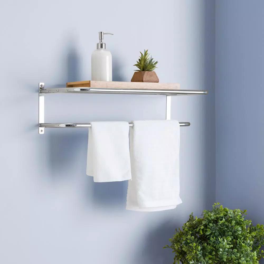 Unbranded Chrome Plated Steel 1-Bar Wall Mount Towel Rack and Bathroom Shelf