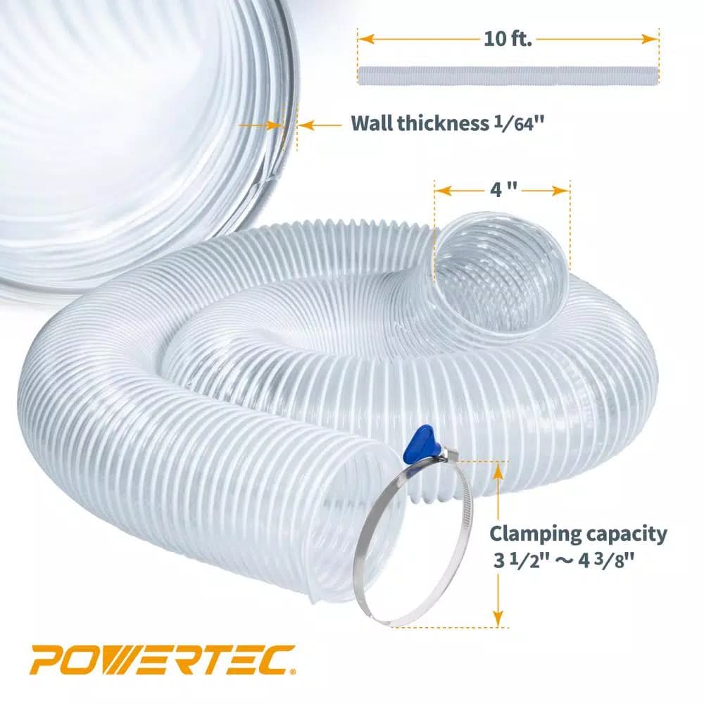 POWERTEC 4 in. x 10 ft. Flexible PVC Dust Collection Hose with 2 Stainless Steel Key Clamps, Clear