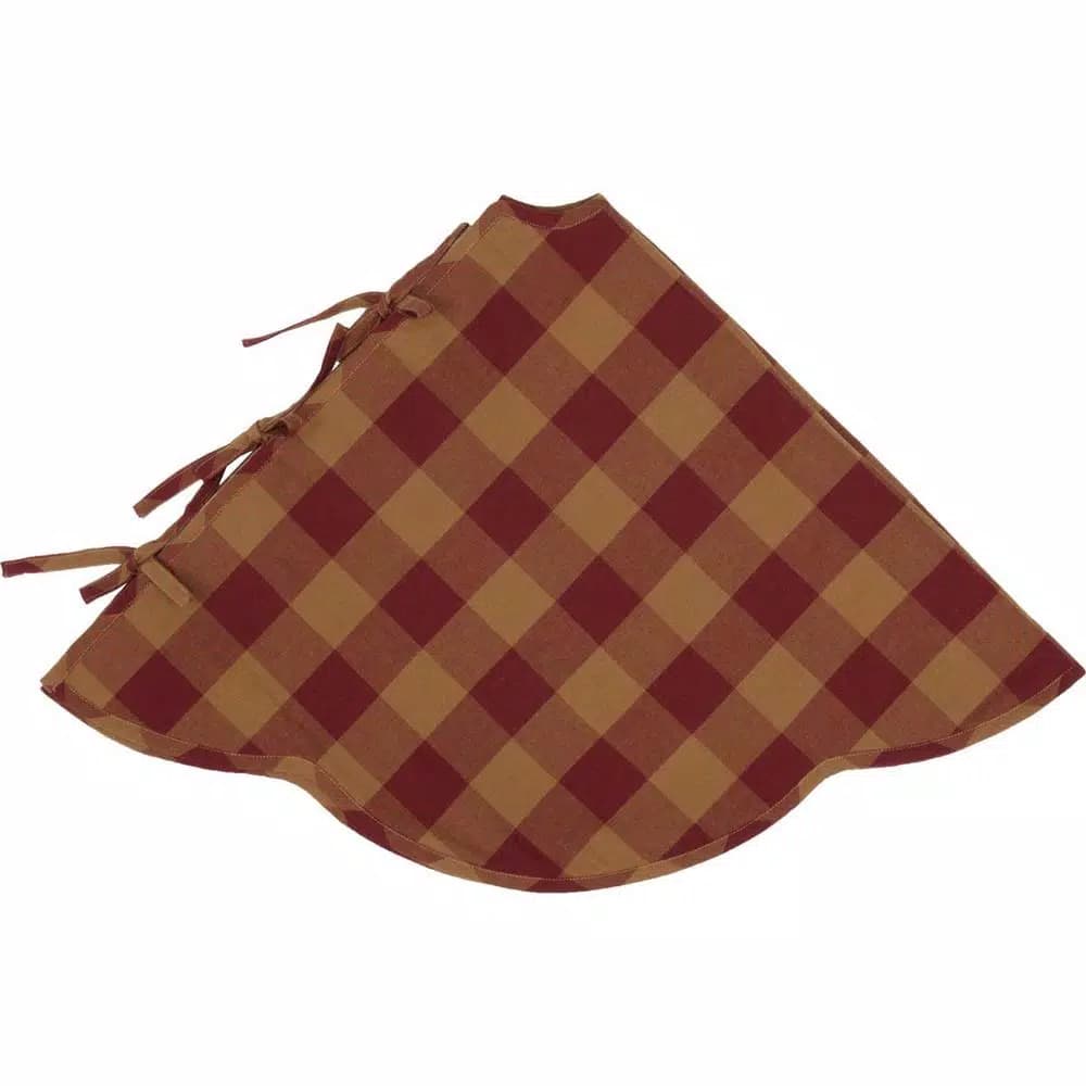 VHC Brands 48 in. Burgundy Check Red Primitive Christmas Tree Skirt with Scalloped Edge