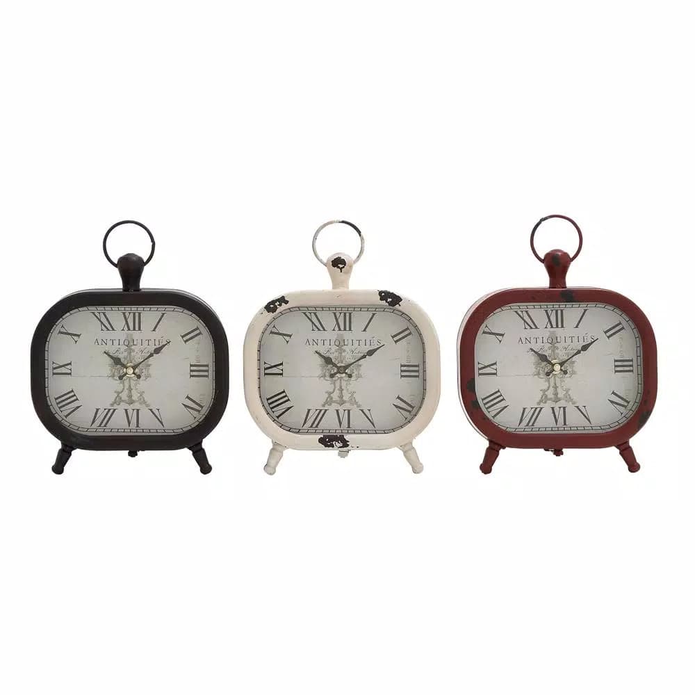 LITTON LANE Set of 3 Vintage Farmhouse Rounded Rectangle Iron Table Clocks - Distressed Red, Black, and White