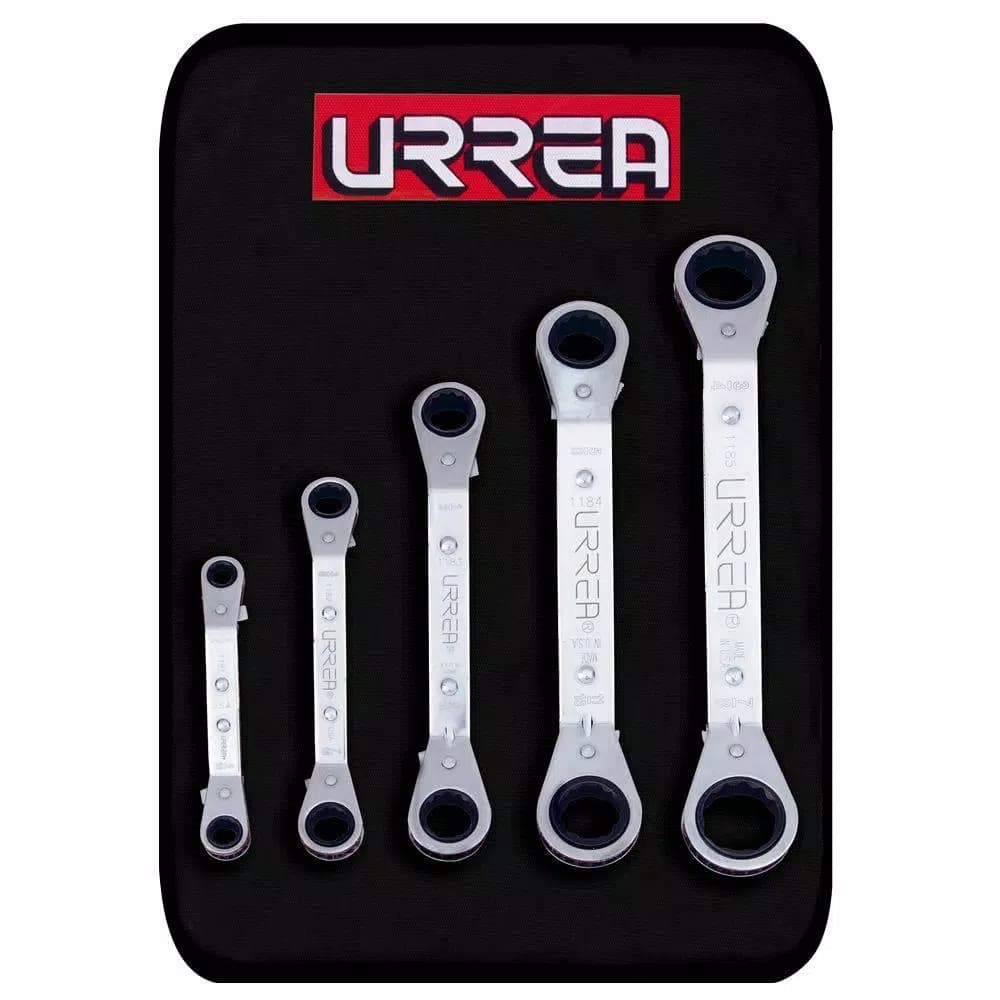 URREA 5-Piece SAE Offset Box End 12-Point Ratcheting Chrome Wrench Set with Canvas Rollup Pouch