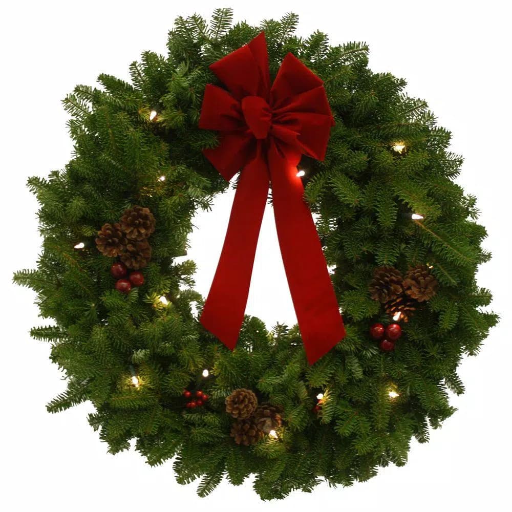Worcester Wreath 30 in. Pre-Lit Fresh Maine Balsam Fir Wreath with Red Velvet Bow