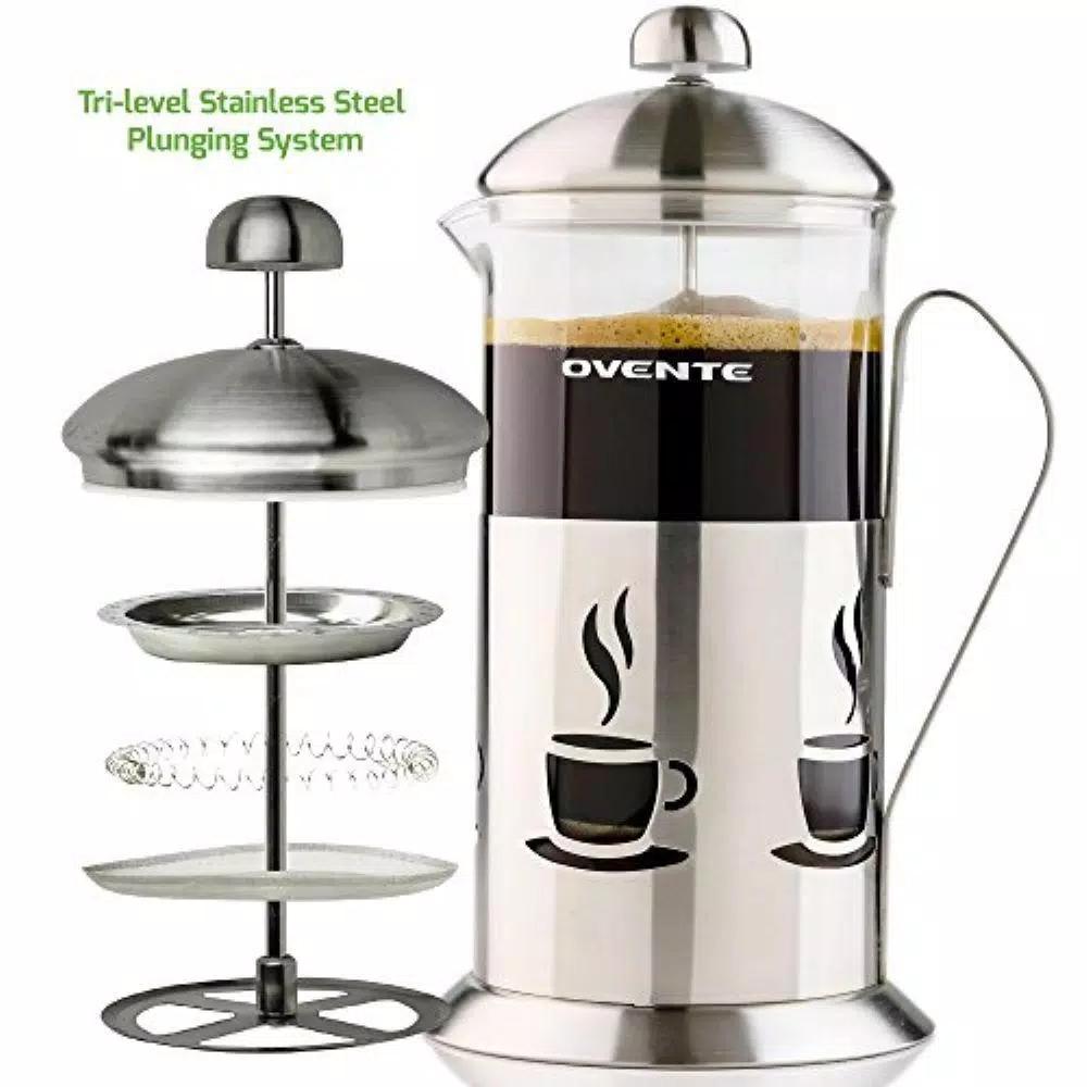 Ovente 34oz Silver French Press Coffee and Tea Maker with Borosilicate Glass Carafe and Measuring Scoop