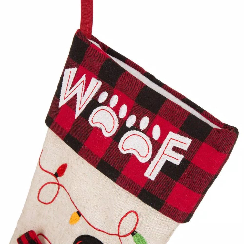 Glitzhome 21 in. LED Embroidered Linen Christmas Stocking - Dog Theme