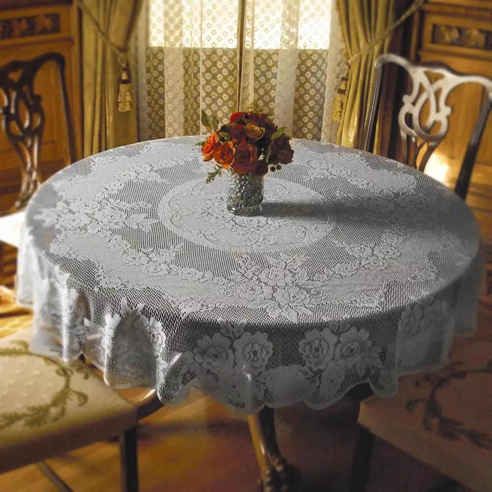 Heritage Lace Victorian Rose White Floral Polyester Round Tablecloth