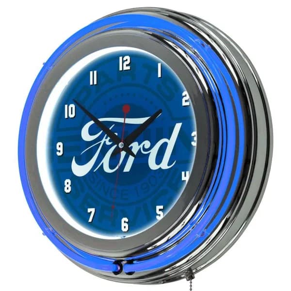 Ford Genuine Parts Double Rung Neon Wall Clock - Chrome Finish, 14.5 in.