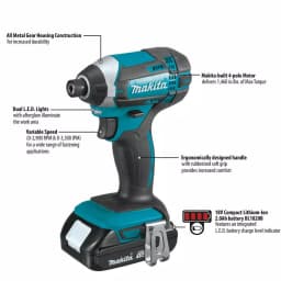 Makita 18V LXT Cordless 1/4 in. Impact Driver Kit with 1.5 Ah Battery and Charger thumbnail 2