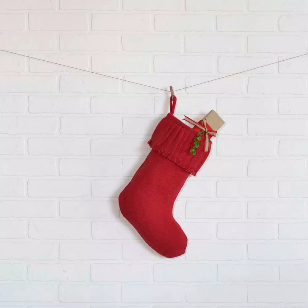 VHC Brands 15 in. Red Cotton Burlap Ruffled Christmas Stocking - Farmhouse Holiday Decor