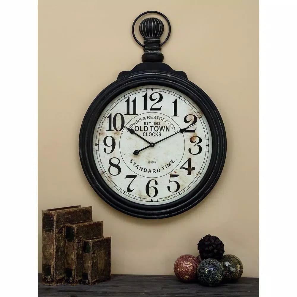LITTON LANE 39 in. Vintage Wood Wall Clock with Ebony Finish and Distressed White Dial