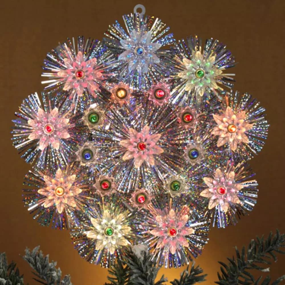 Northlight 8 in. Retro Gold Tinsel Snowflake Christmas Tree Topper with Multi-Color Lights