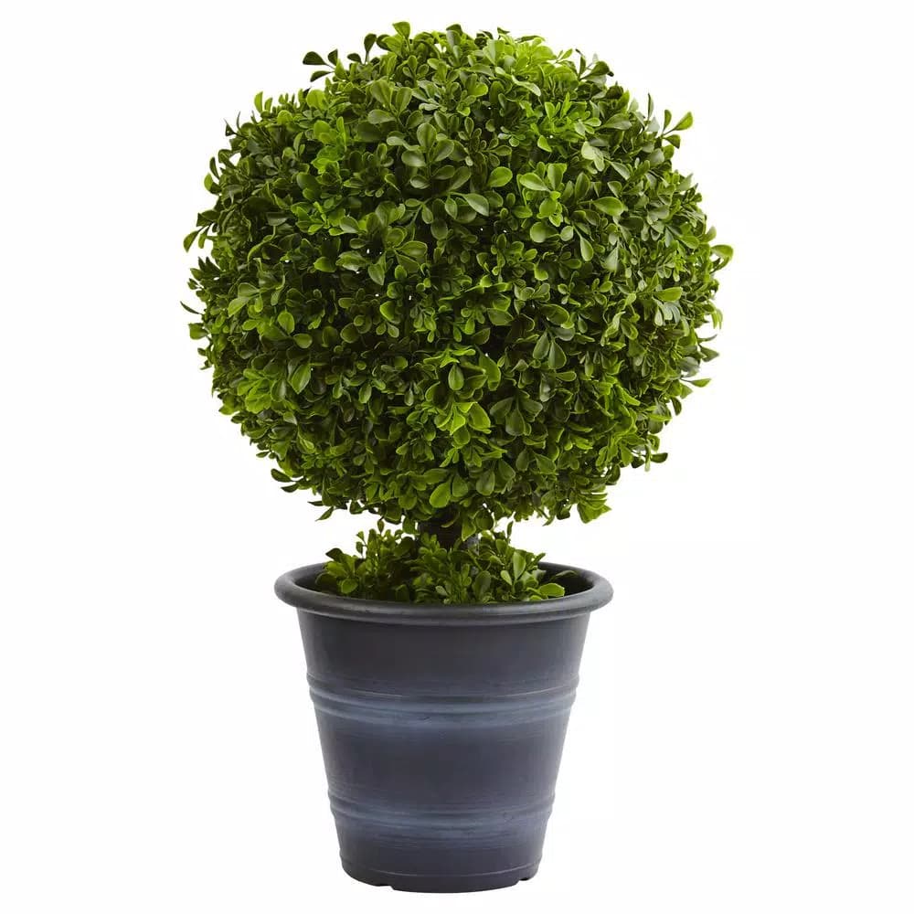 Nearly Natural 23 in. Faux Boxwood Ball Topiary with Gray Planter
