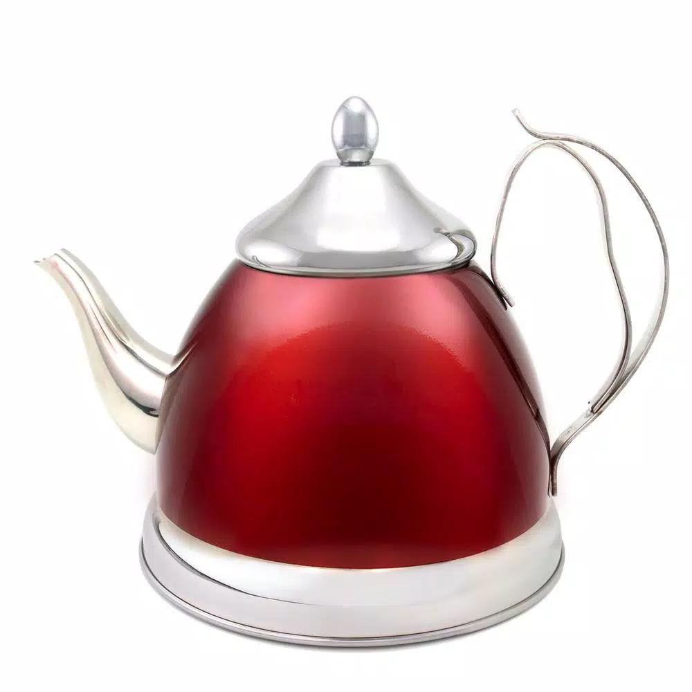 Creative Home Nobili-Tea 2 qt. Metallic Cranberry Stainless Steel Tea Kettle with Removable Infuser