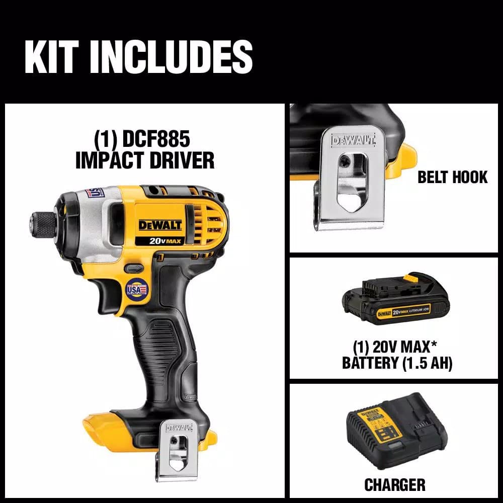 DEWALT 20V MAX Cordless 1/4 in. Impact Driver Kit with 1.3Ah Battery, Charger, and Bag