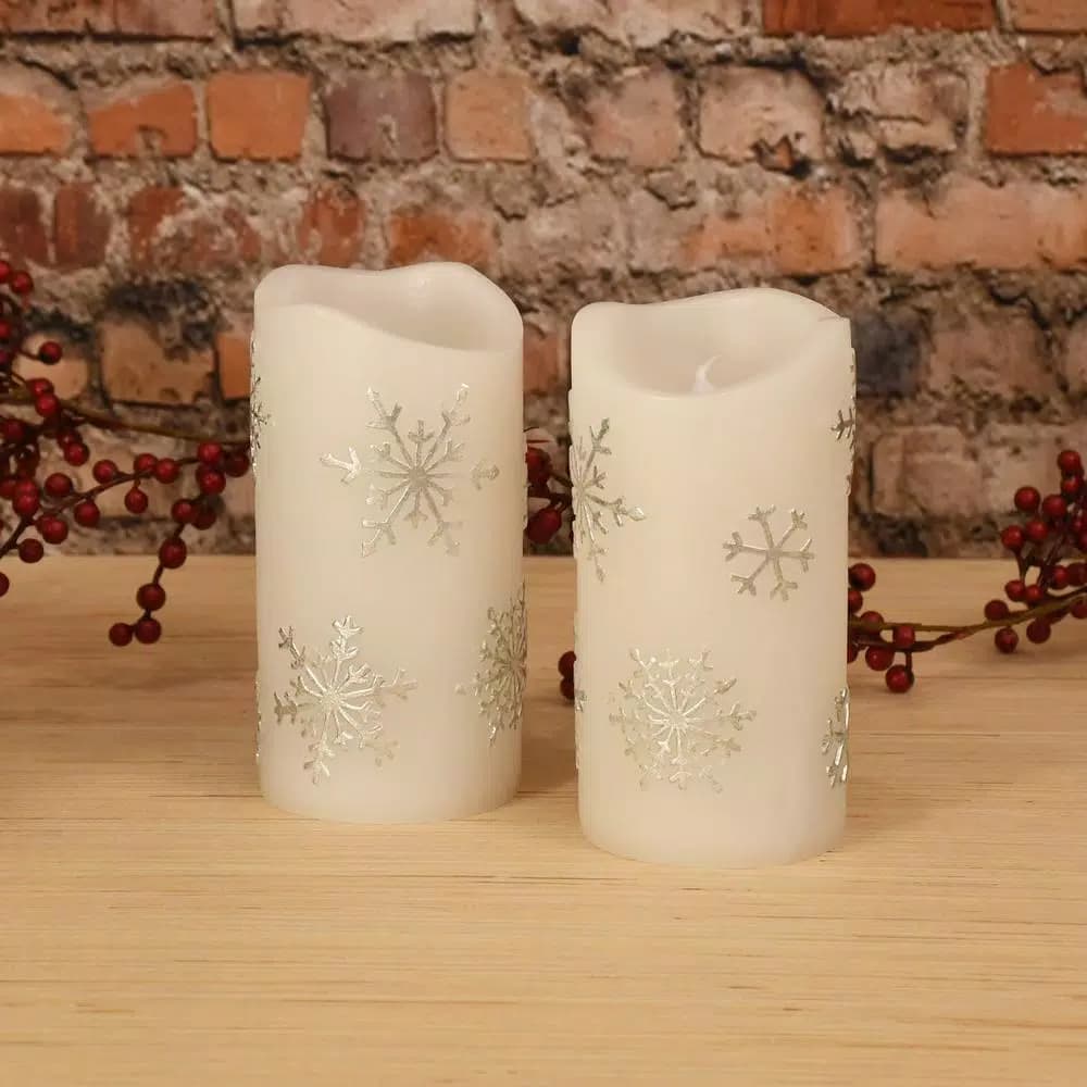 LUMABASE 6 in. Silver Snowflake Flameless LED Pillar Candles, Set of 2