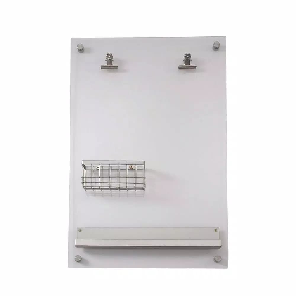 LITTON LANE Silver Acrylic Memo Board with Wire Basket and Pen Holder - Modern Wall Mounted Organizer