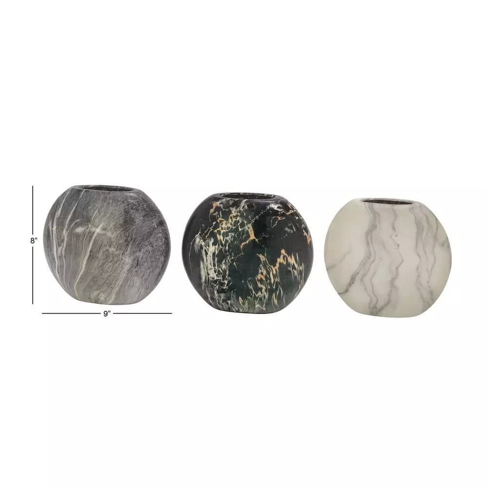 LITTON LANE 8 in. Gray Ceramic Decorative Marbled Vases, Set of 3