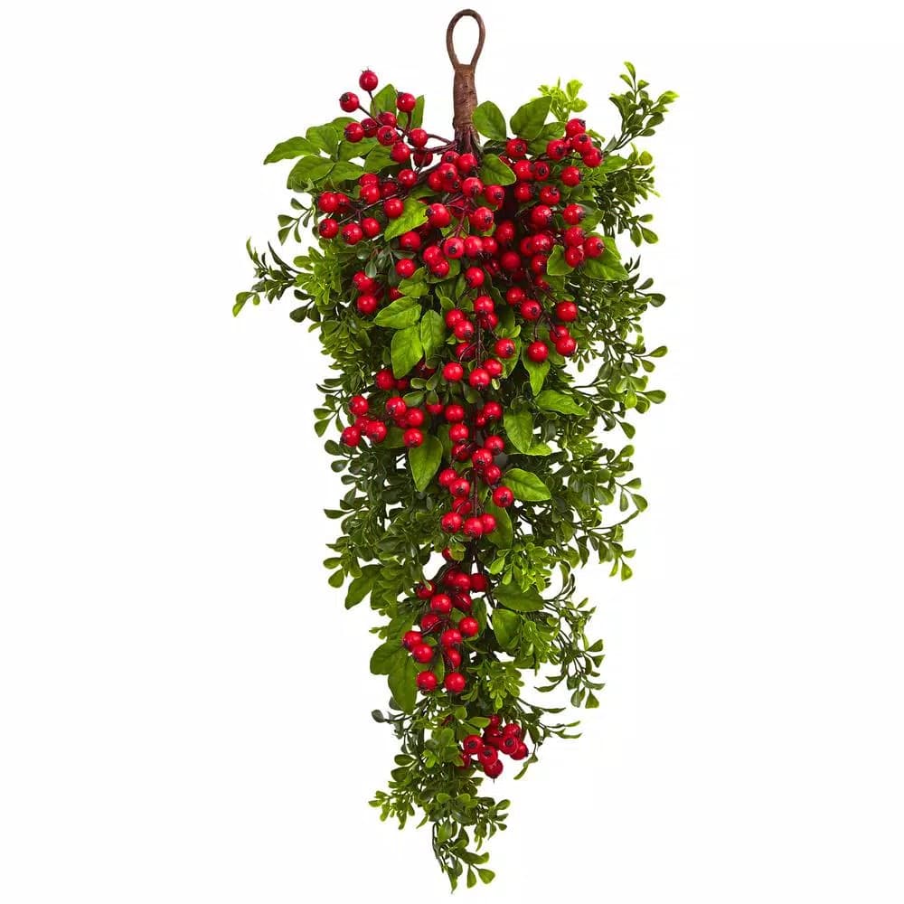 Nearly Natural 26 in. Berry Boxwood Teardrop Hanging Arrangement - Red Seasonal Decor