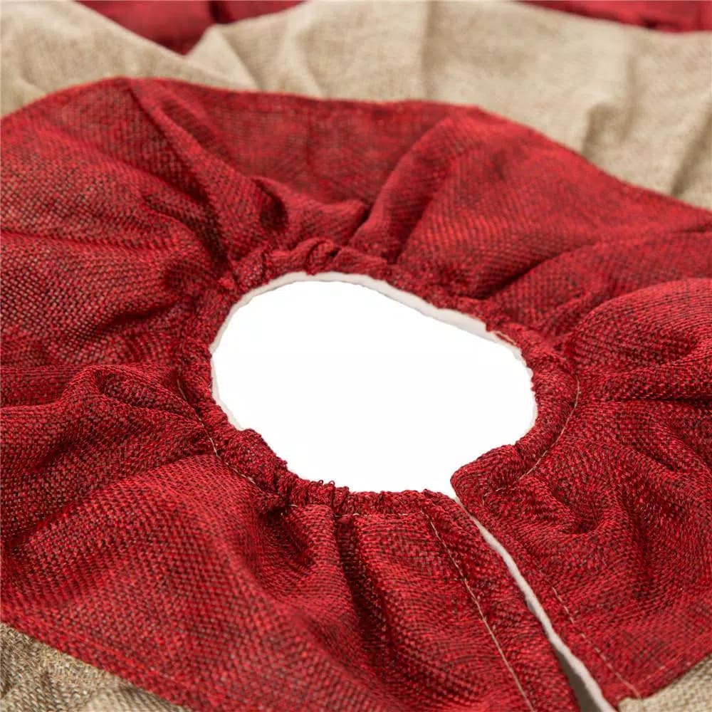 Glitzhome 48 in. Faux Burlap Christmas Tree Skirt - Red and Brown Striped Holiday Decor