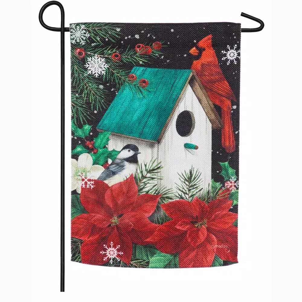 Evergreen Poinsettia Birdhouse Christmas Garden Flag, 12.5 in. x 18 in. Double-Sided Textured Suede