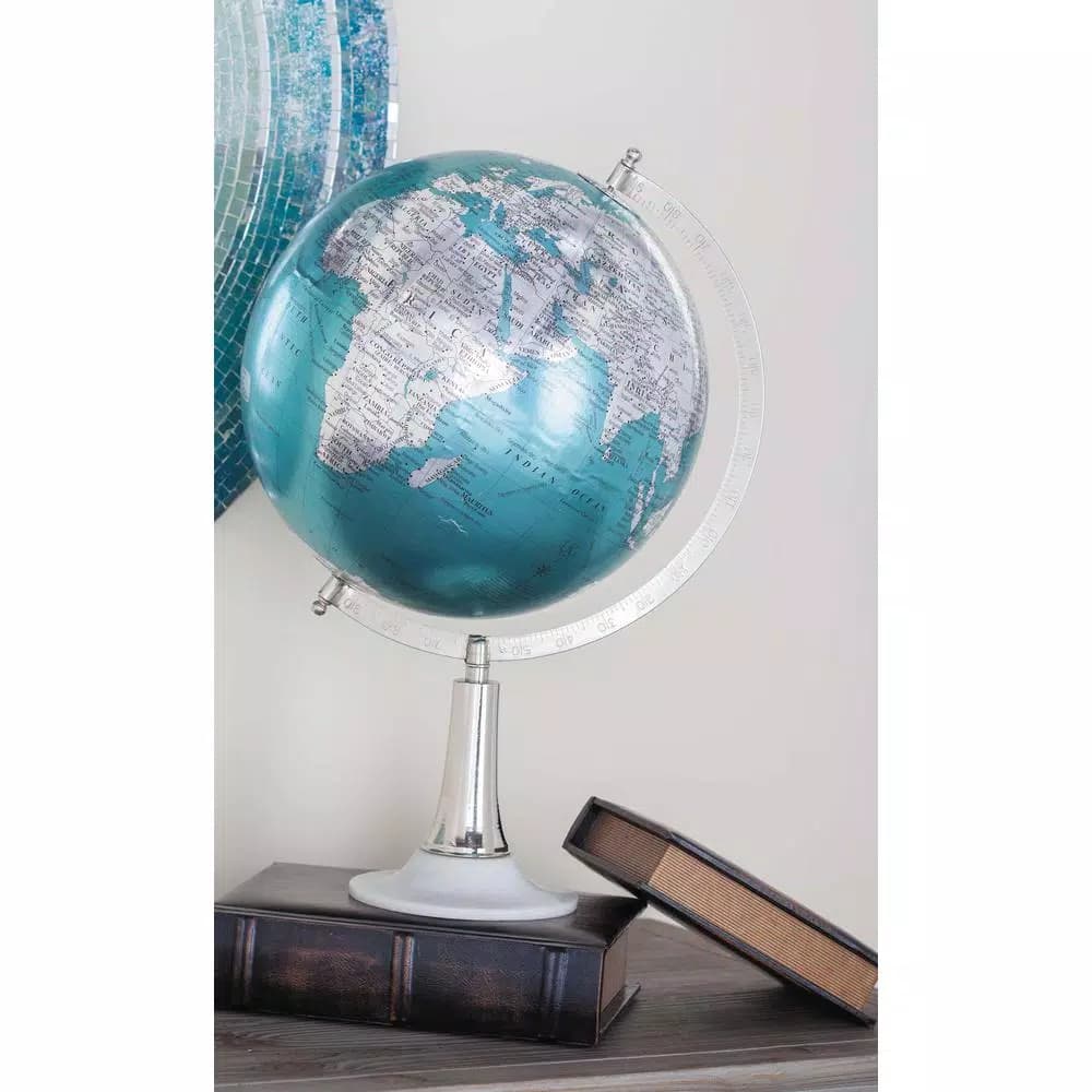LITTON LANE Modern Reflections 20 in. Cyan and Silver Decorative Tabletop Globe with Marble Base
