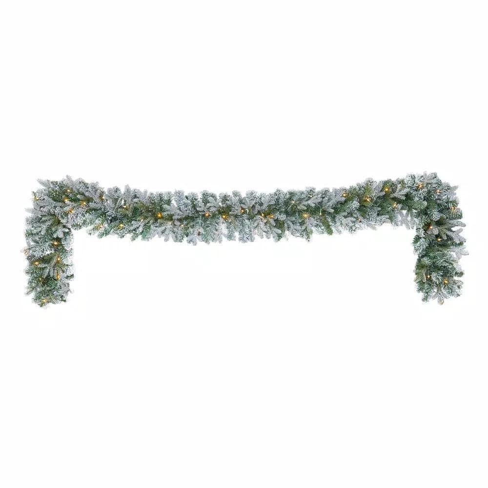 Home Accents Holiday 9 ft. Pre-Lit Flocked Frasier Fir LED Garland with Timer