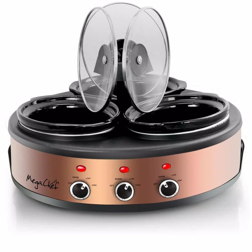 MegaChef Triple 4.5 Qt. Copper Slow Cooker and Buffet Server with 3 Ceramic Pots