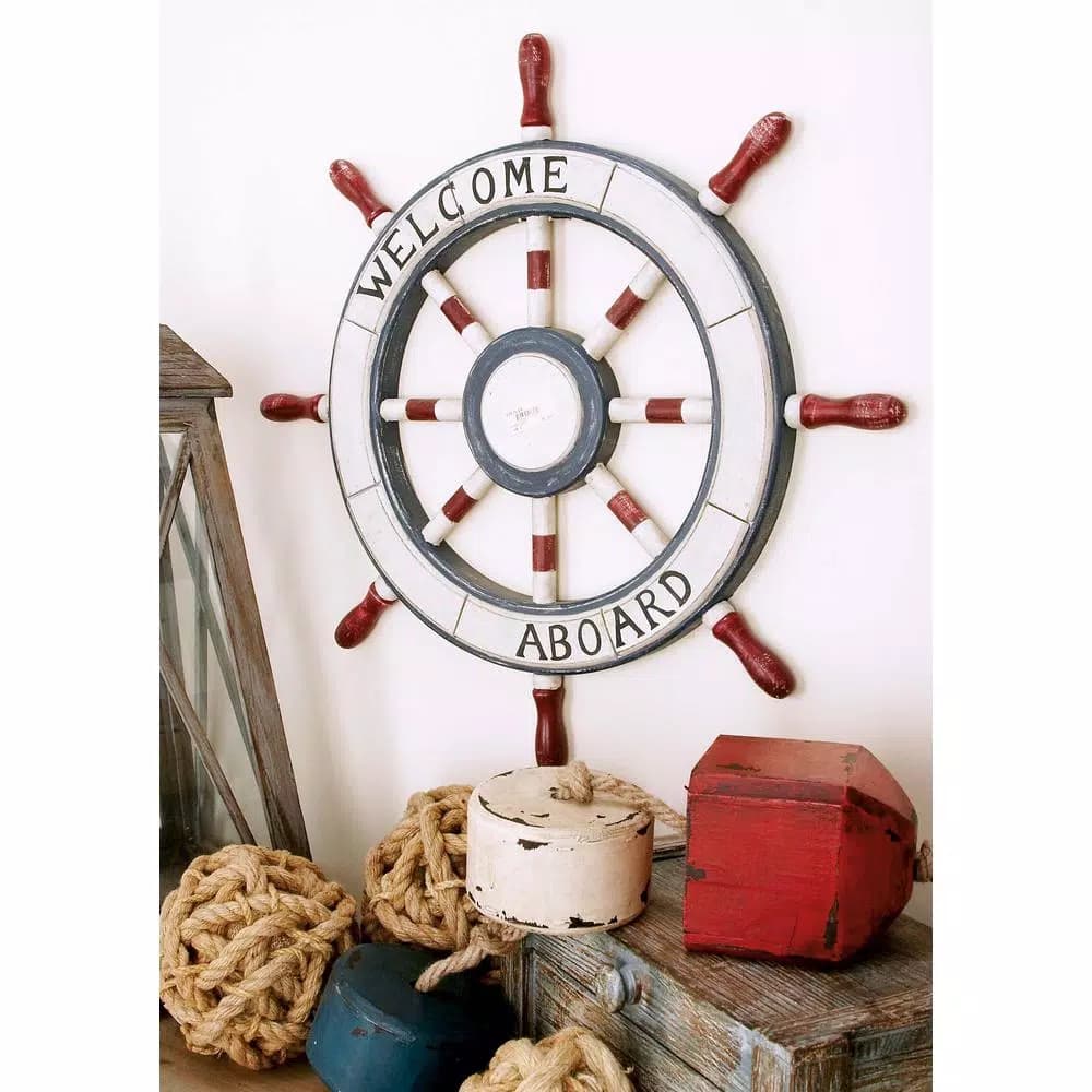 LITTON LANE 23 in. Nautical Welcome Aboard Wooden Ship Wheel Wall Decor