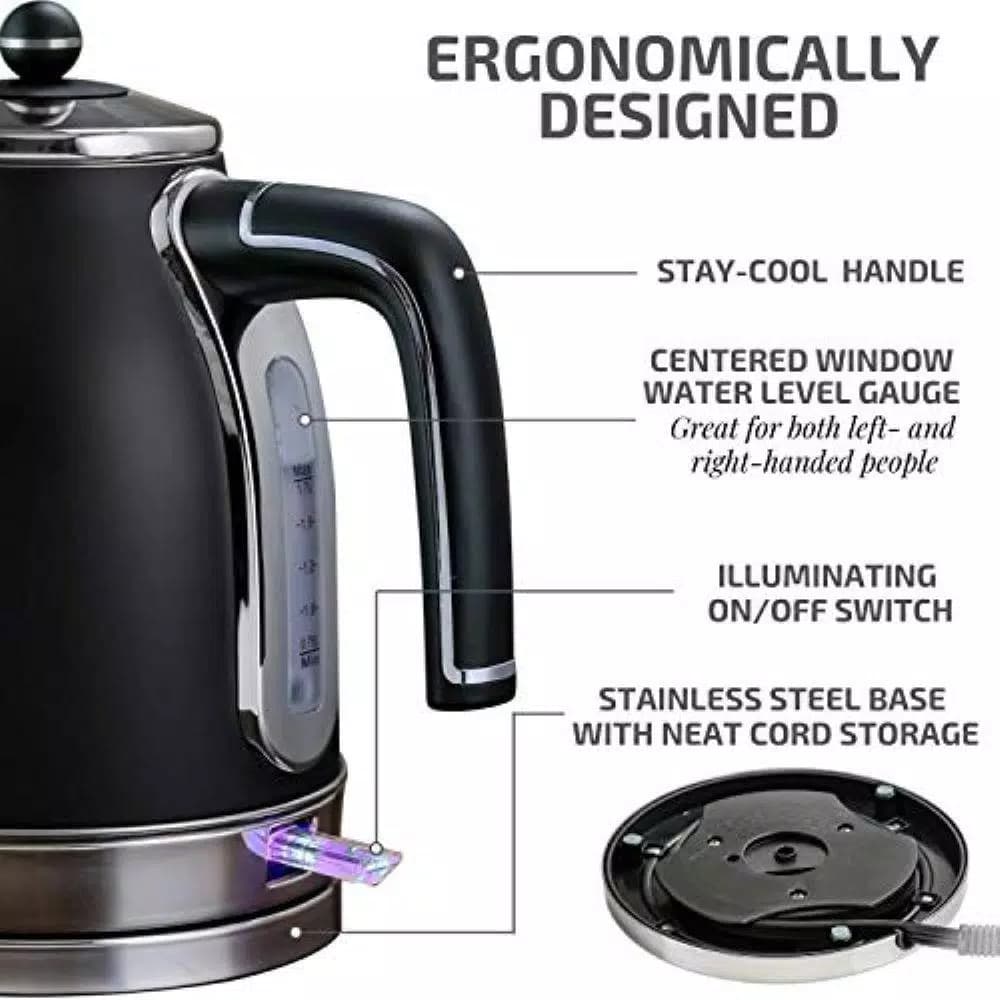 Ovente KS777 1.7L Black Stainless Steel Electric Kettle, 1500W Fast Boil with Auto Shut-Off