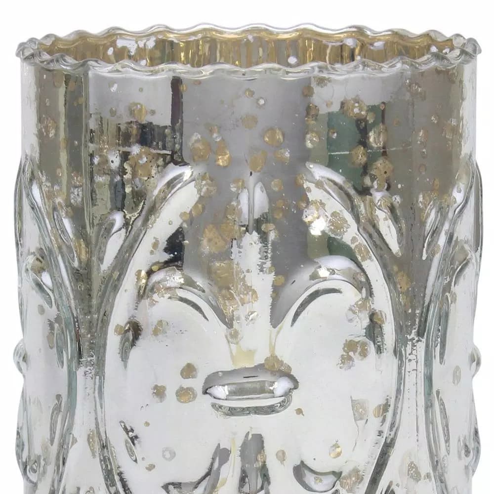 Stonebriar Collection 6.5 in. Antique Silver Mercury Glass Fleur De Lis Pillar Candle Holder