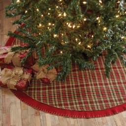VHC Brands Claren 48 in. Cherry Red Rustic Plaid Christmas Tree Skirt with Gold Metallic Thread thumbnail 4