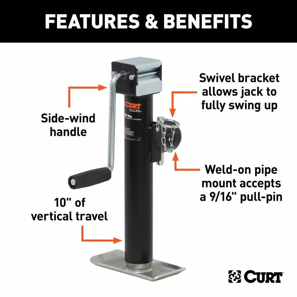 CURT Pipe-Mount Swivel Trailer Jack with Side Handle, 5,000 lbs. Capacity, 10 in. Travel