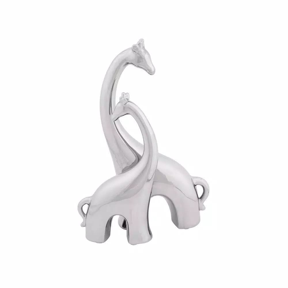 LITTON LANE Abstract Ceramic Giraffe Sculpture - Adult and Young Standing Statues, Polished Silver
