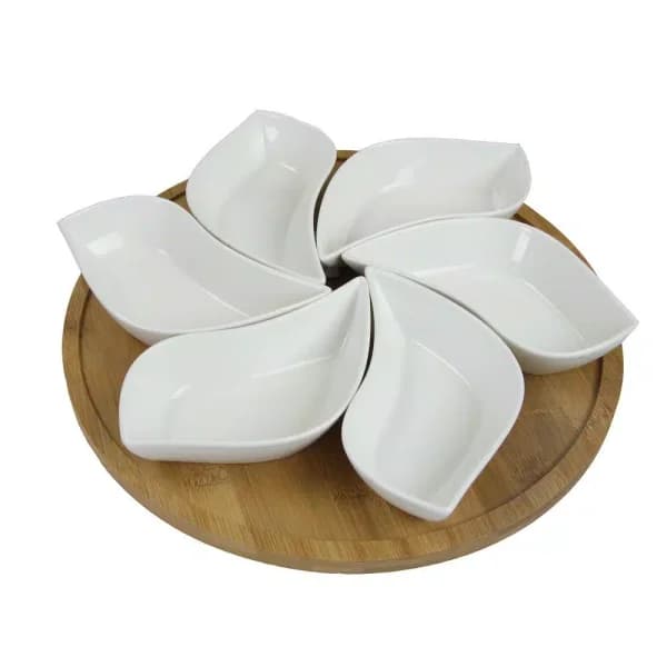 Elama Signature Collection Stoneware Appetizer Set with Bamboo Lazy Susan Tray