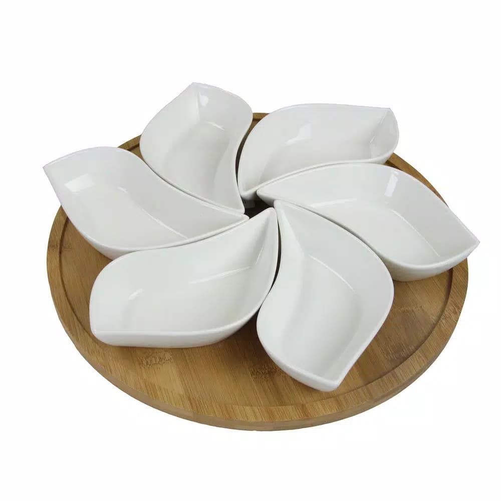 Elama Signature Collection Stoneware Appetizer Set with Bamboo Lazy Susan Tray