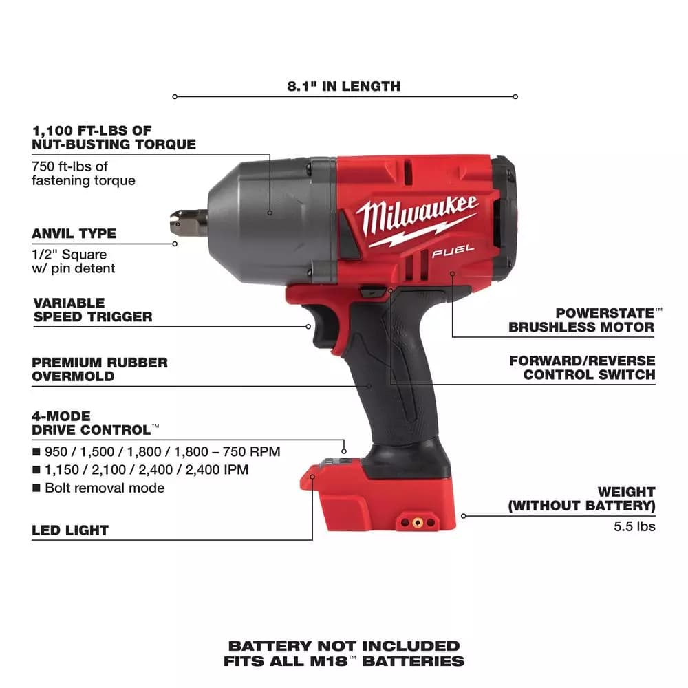 Milwaukee M18 FUEL 1/2 in. High Torque Impact Wrench with Pin Detent (Tool-Only)