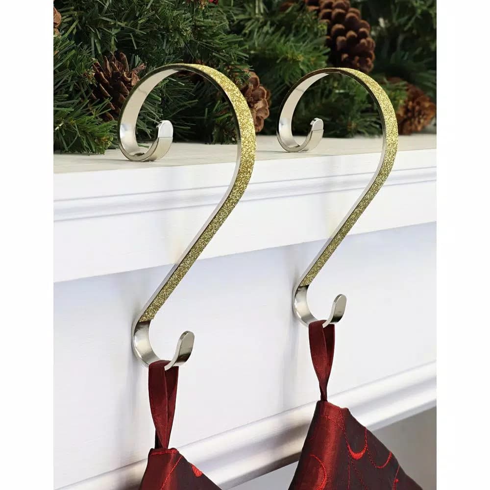 Haute Decor 6 in. Gold Glitter Steel Stocking Scroll Holders, 2-Pack
